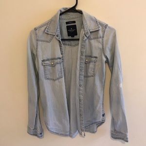 Slim-fit denim button-down shirt